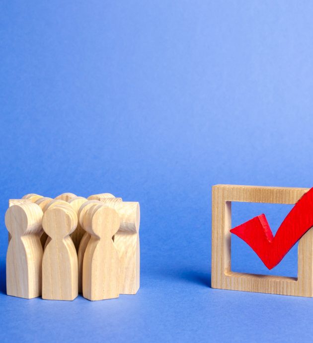 Crowd of people looking at a red wooden checkmark for voting on elections on a blue background Crowd of people looking at a red wooden checkmark for voting on elections on a blue background